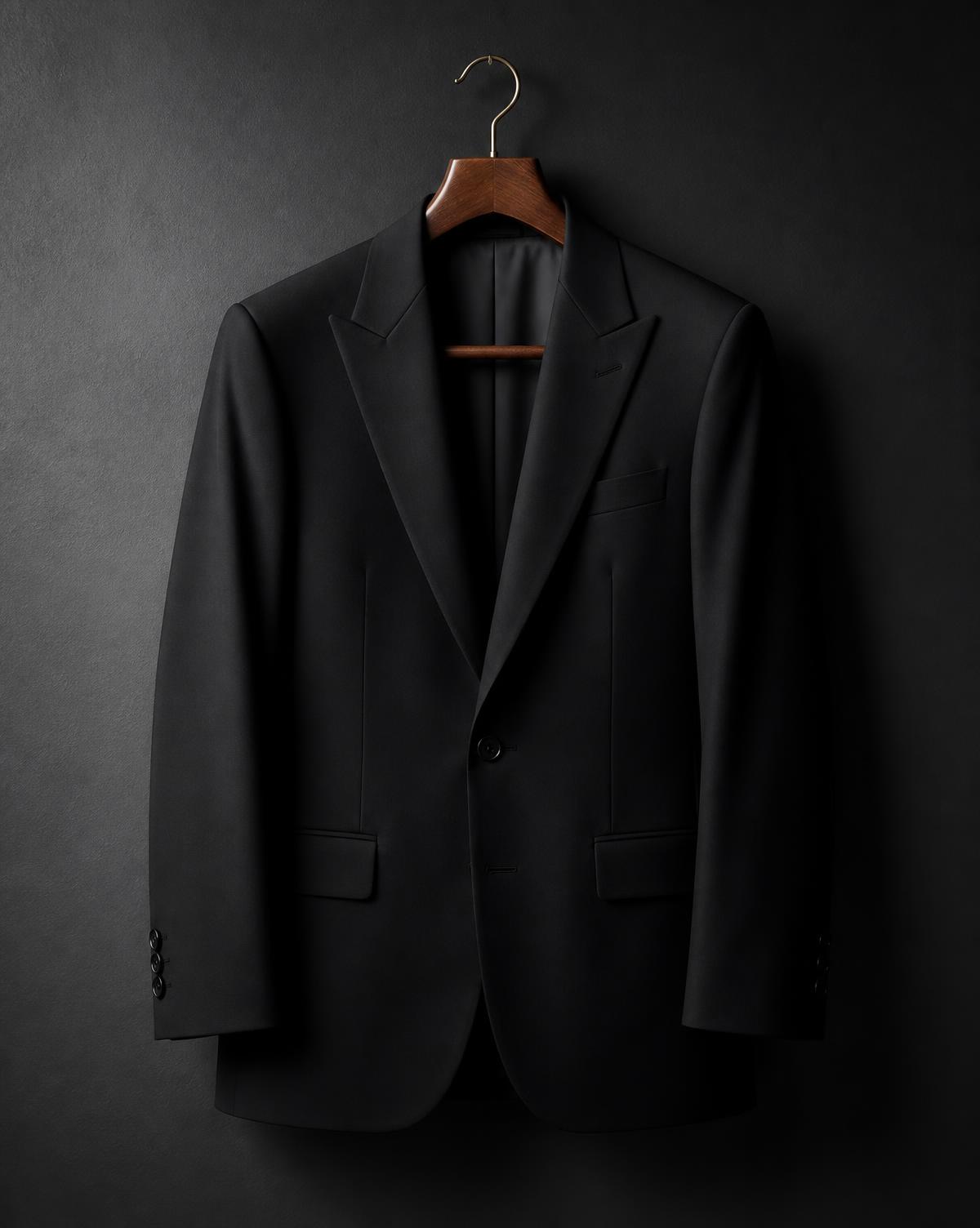 A finished bespoke jacket on a wooden hanger