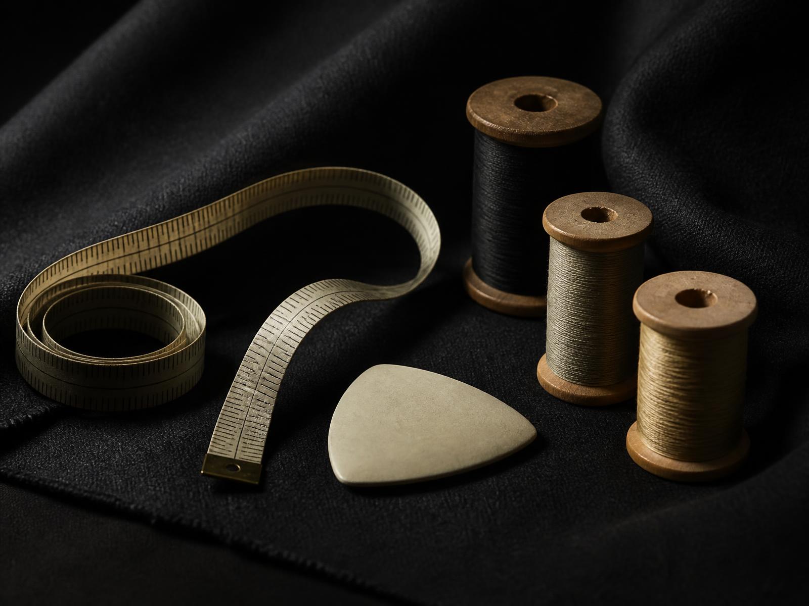 Tailor's measuring tape, chalk and thread arranged on dark wool