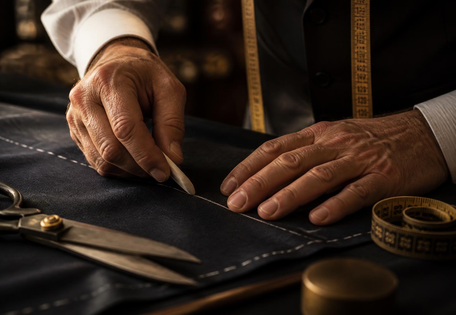 A master tailor chalk-marking fine wool cloth on a dark workbench